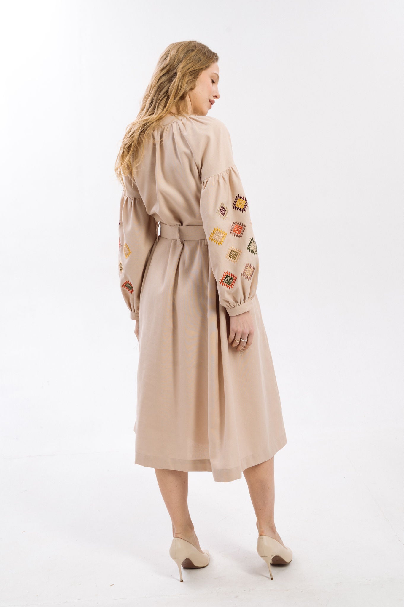 Cream Dress With Embroidered Rhombuses Ornament