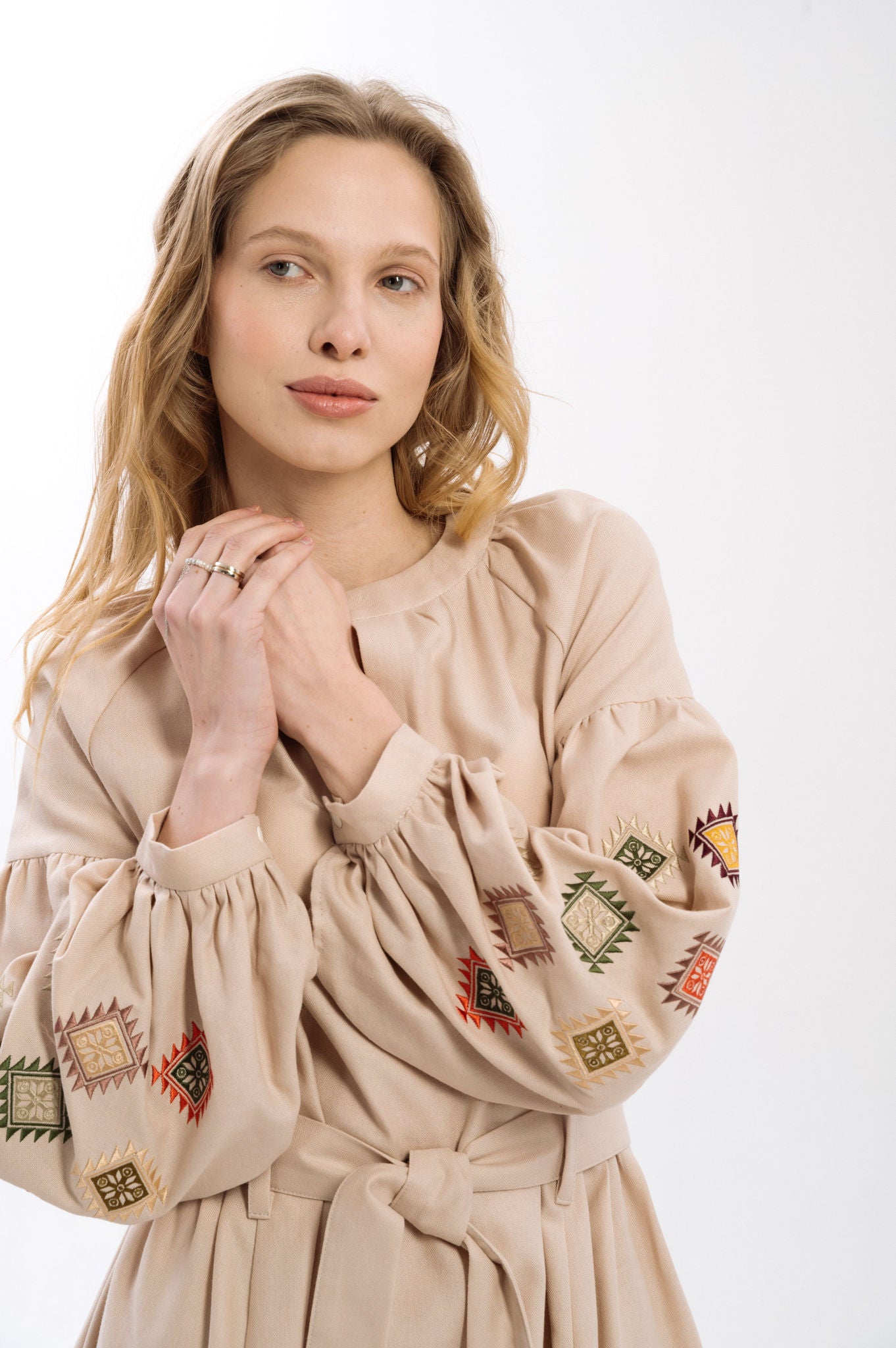 Cream Dress With Embroidered Rhombuses Ornament