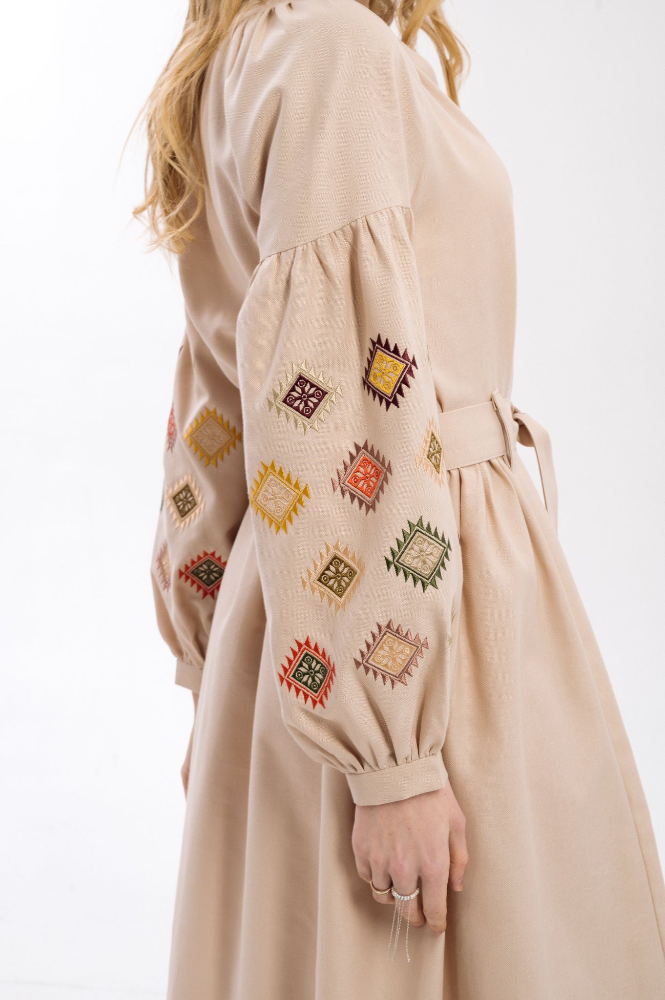 Cream Dress With Embroidered Rhombuses Ornament