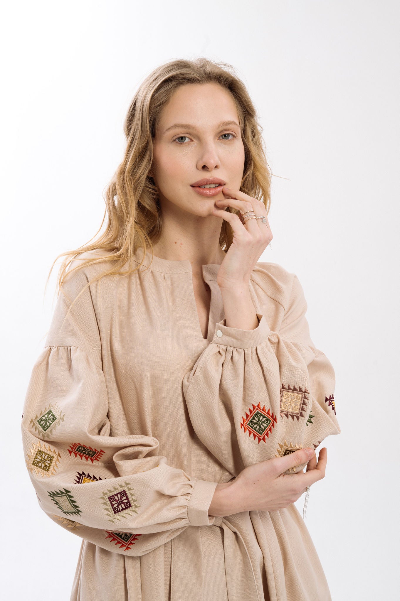 Cream Dress With Embroidered Rhombuses Ornament