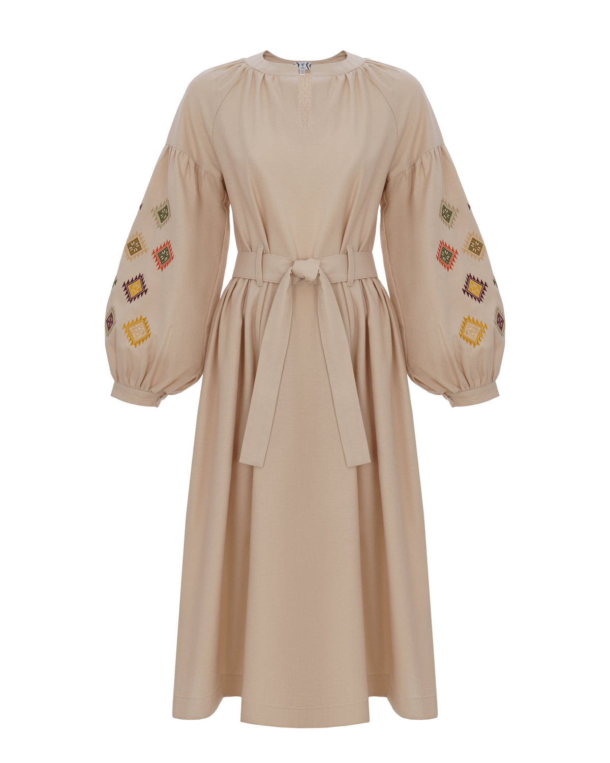 Cream Dress With Embroidered Rhombuses Ornament