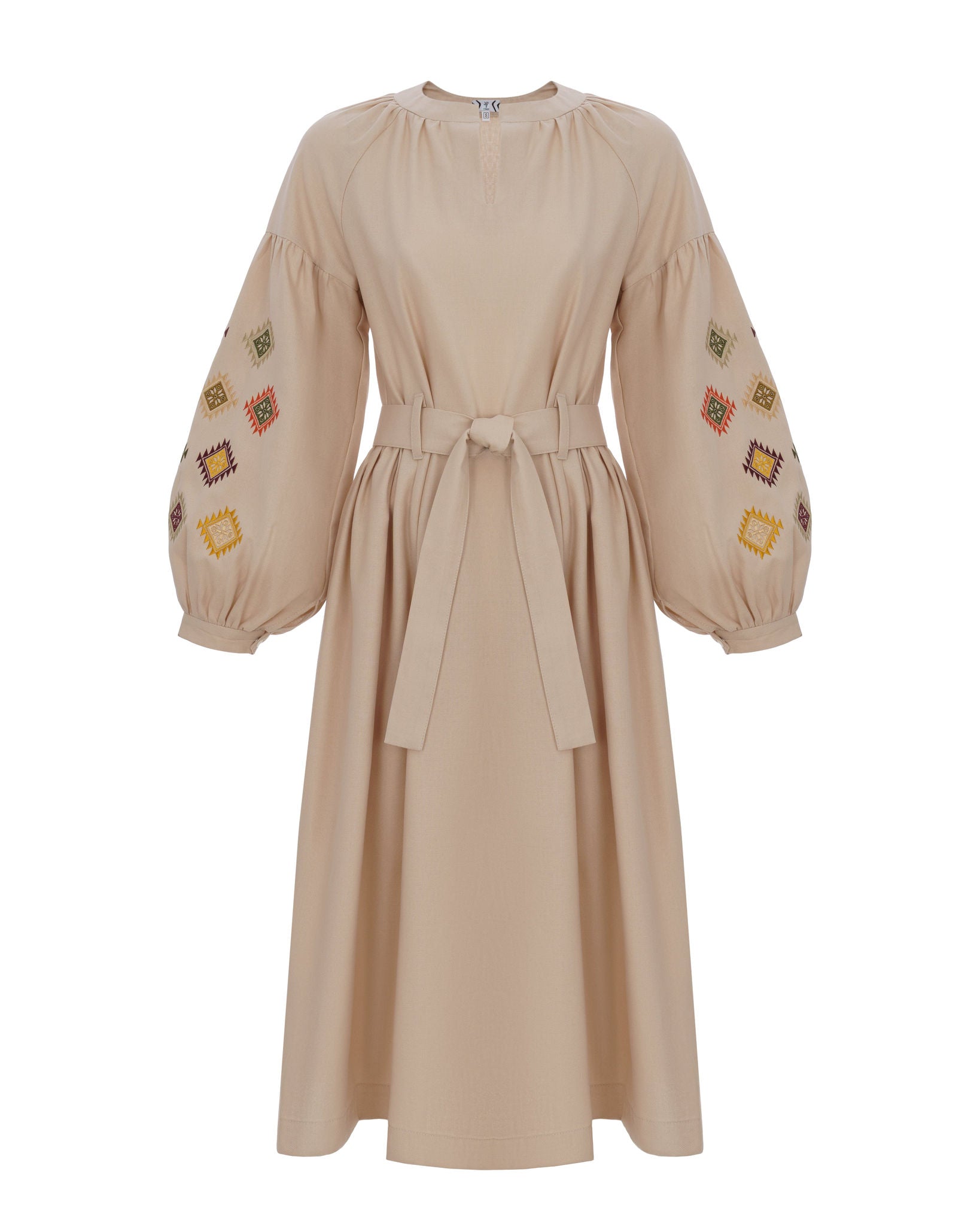 Cream Dress With Embroidered Rhombuses Ornament