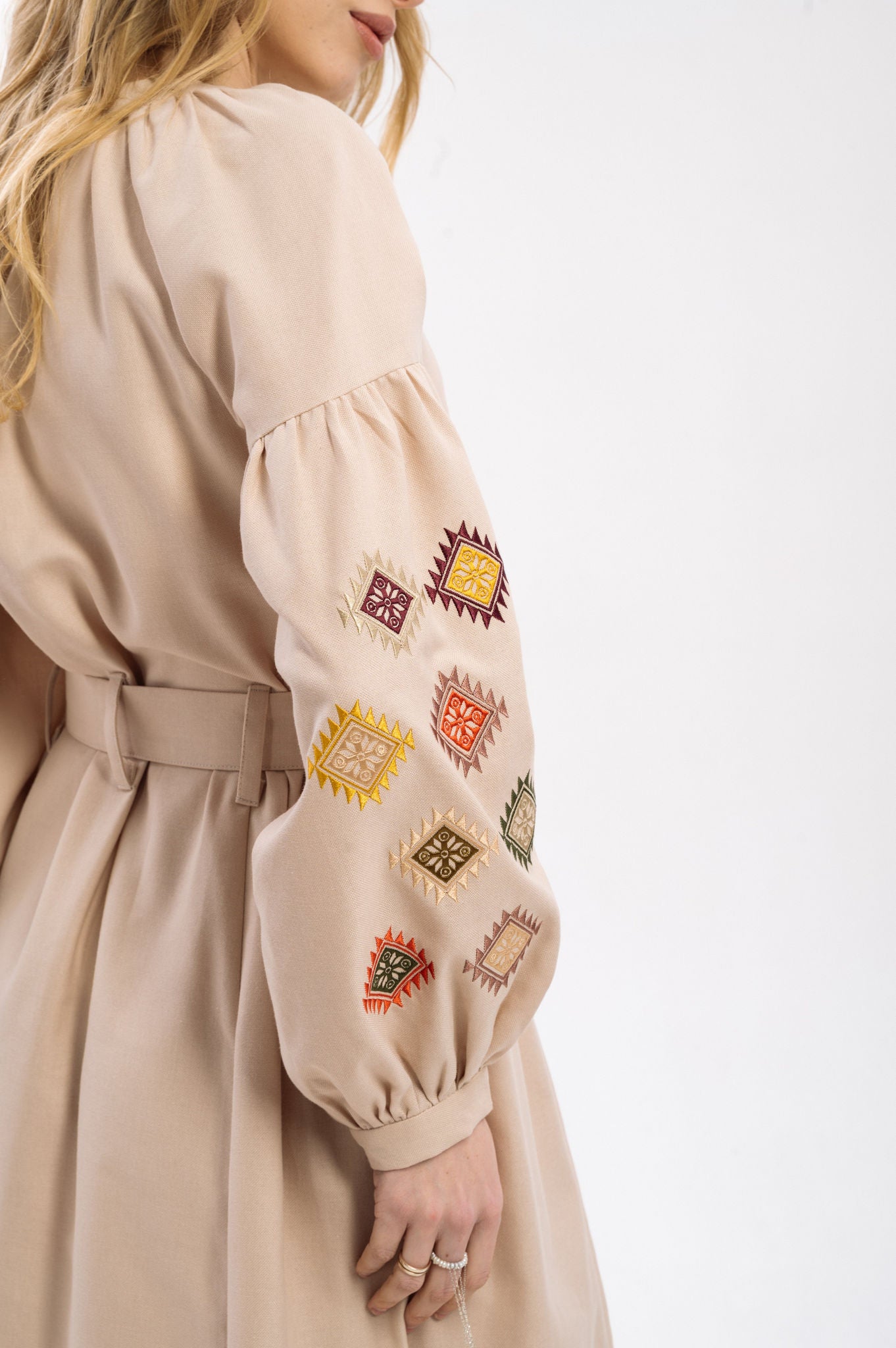 Cream Dress With Embroidered Rhombuses Ornament