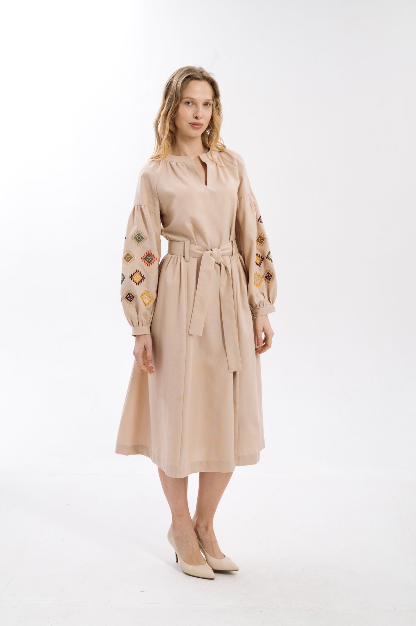 Cream Dress With Embroidered Rhombuses Ornament