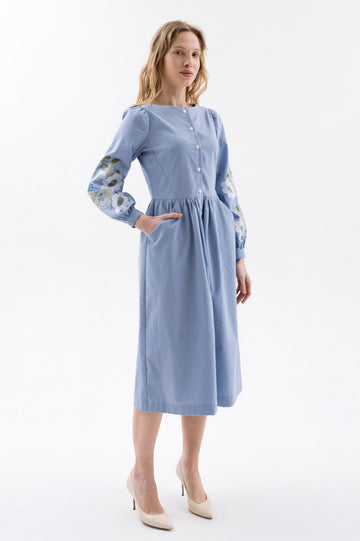Dress With Embroidered Flowers In Shades Of Sky Blue Ornament