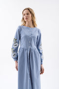 Dress With Embroidered Flowers In Shades Of Sky Blue Ornament