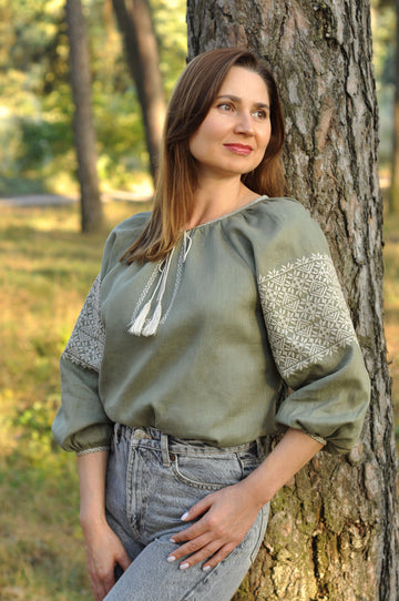 Elegant Women's Embroidered Shirt Made Of Natural Linen In Stylish Khaki Ornament