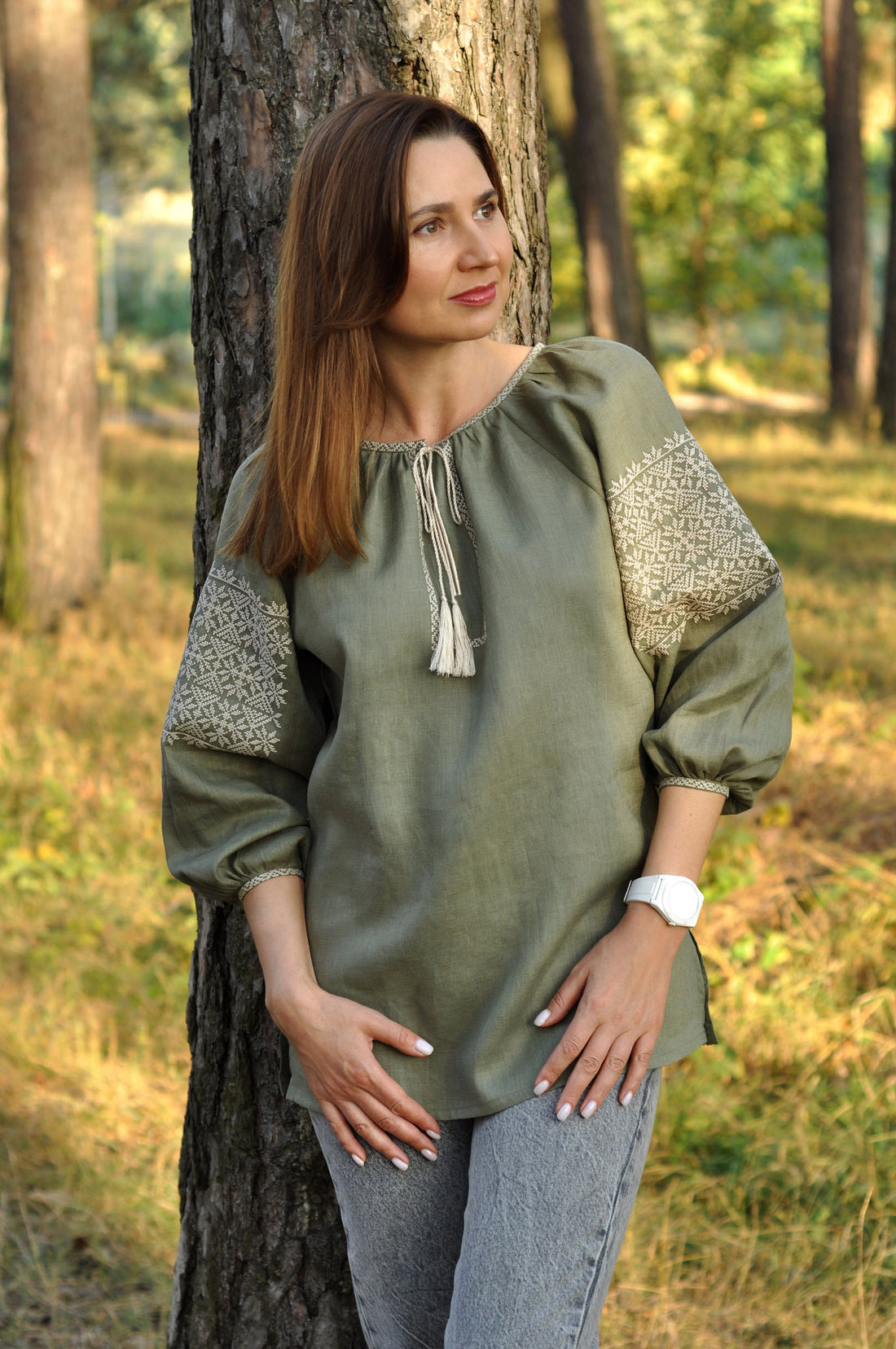 Elegant Women's Embroidered Shirt Made Of Natural Linen In Stylish Khaki Ornament