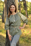 Elegant Women's Embroidered Shirt Made Of Natural Linen In Stylish Khaki Ornament