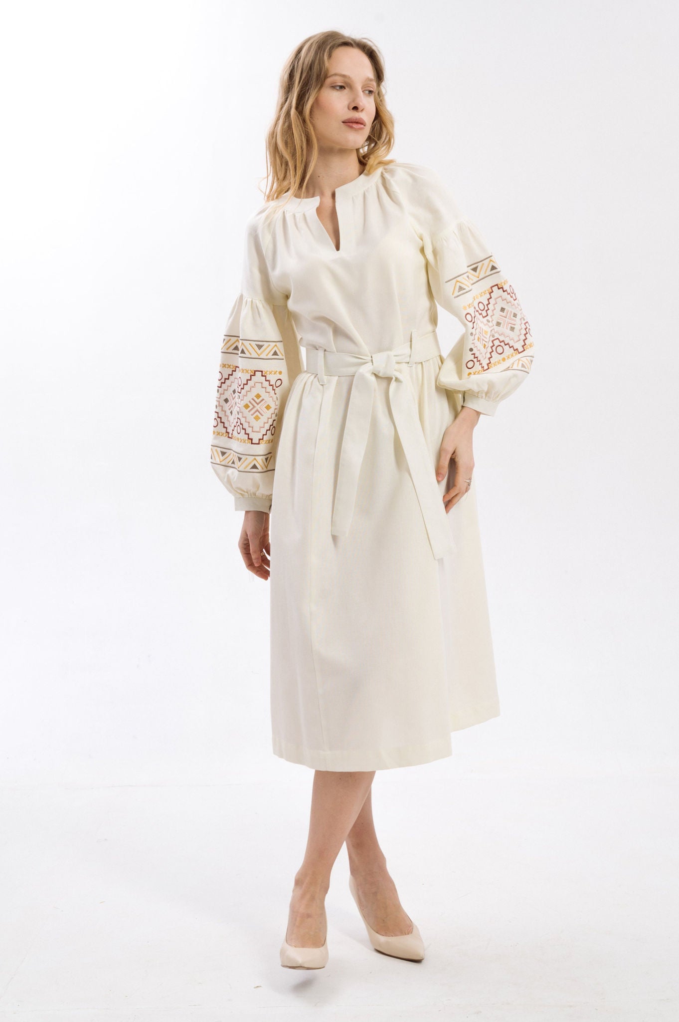 Ethnic Dress In Milky Color With Delicate Accents Ornament