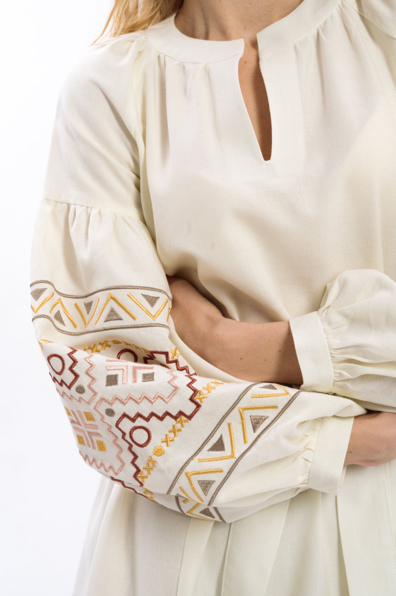 Ethnic Dress In Milky Color With Delicate Accents Ornament