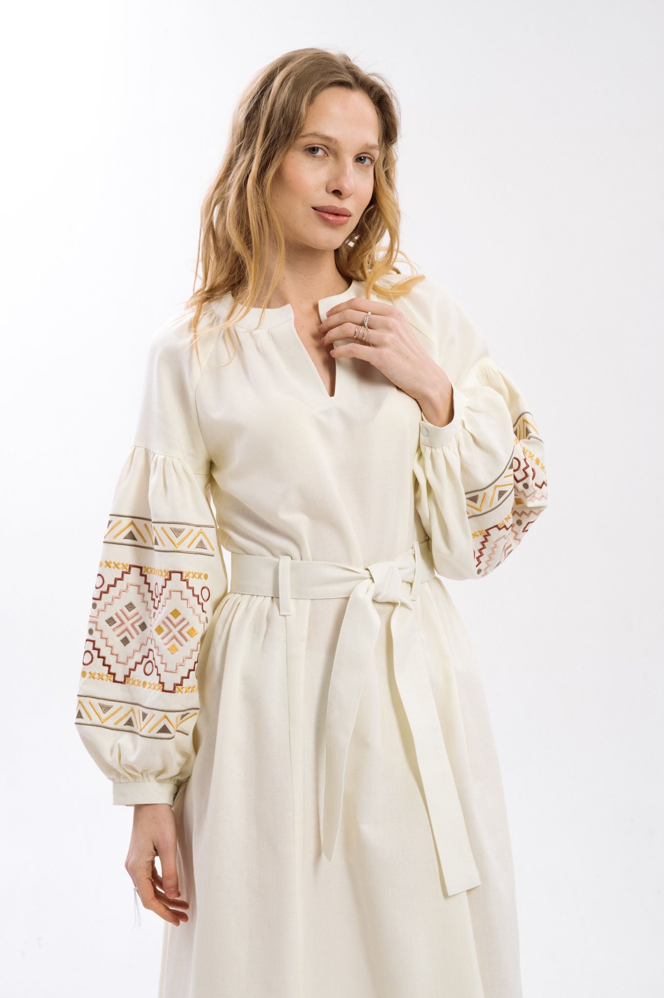 Ethnic Dress In Milky Color With Delicate Accents Ornament