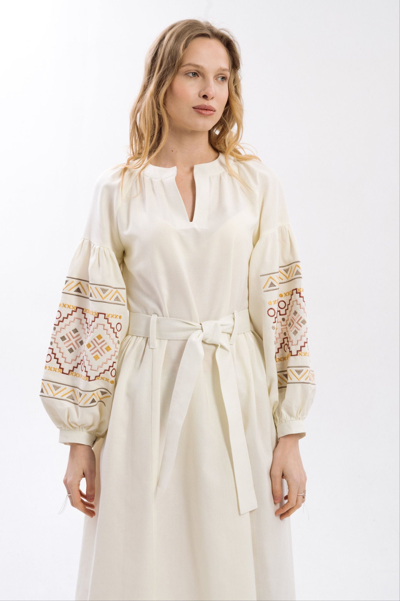 Ethnic Dress In Milky Color With Delicate Accents Ornament