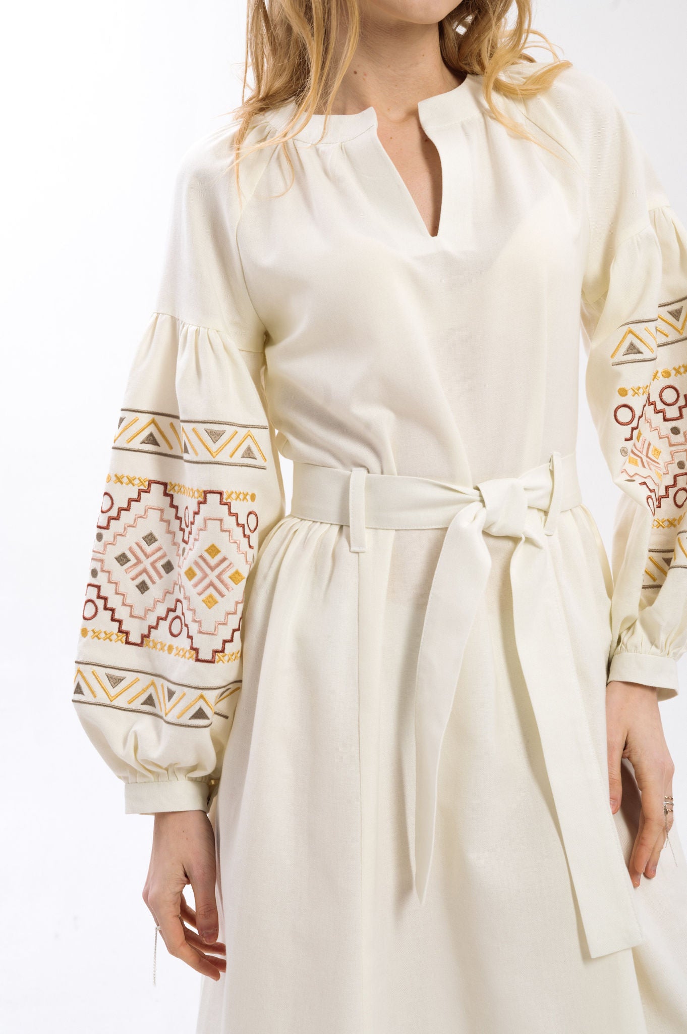 Ethnic Dress In Milky Color With Delicate Accents Ornament