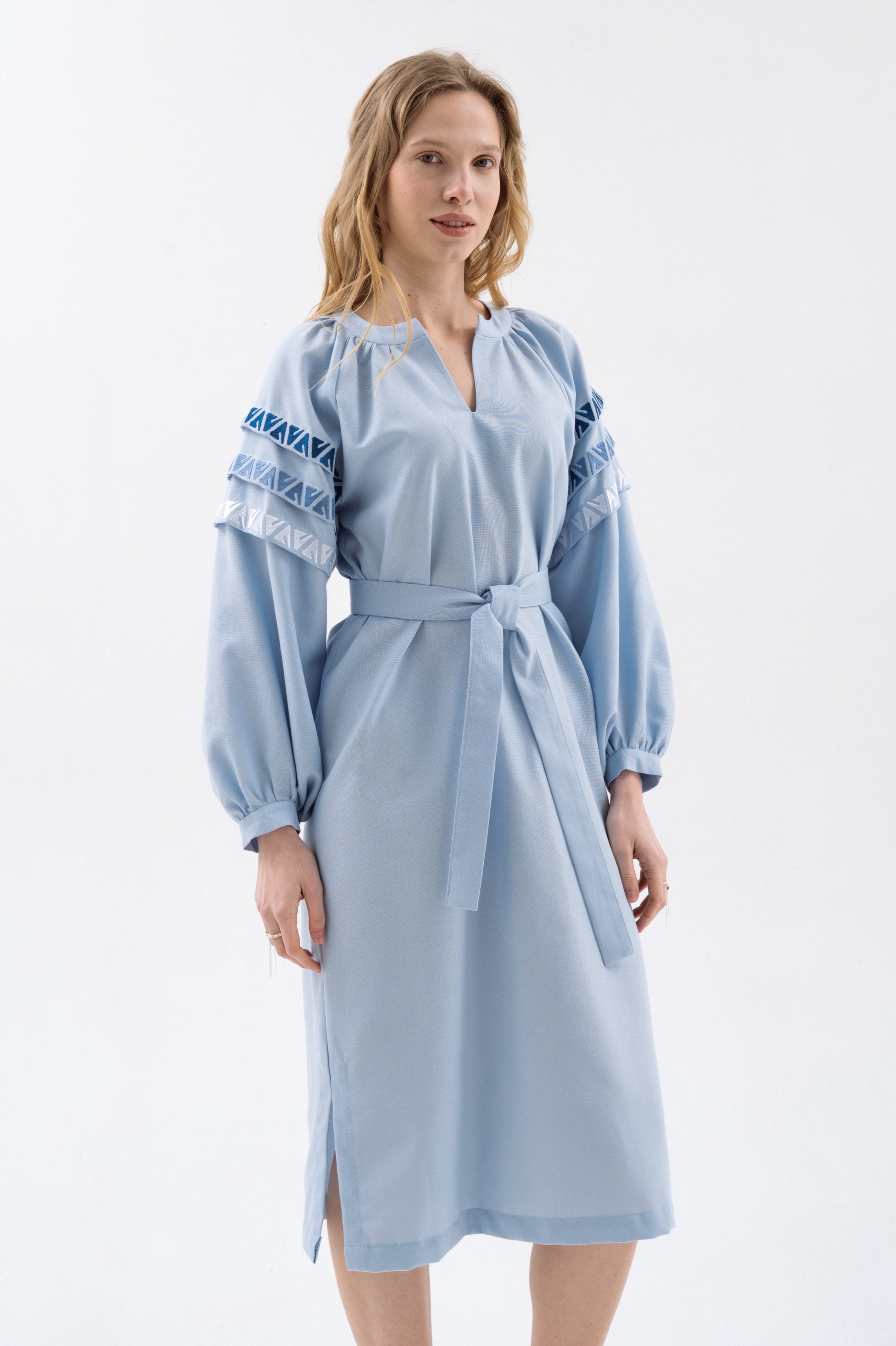 Midi Dress With Graphic Embroidery And Belt