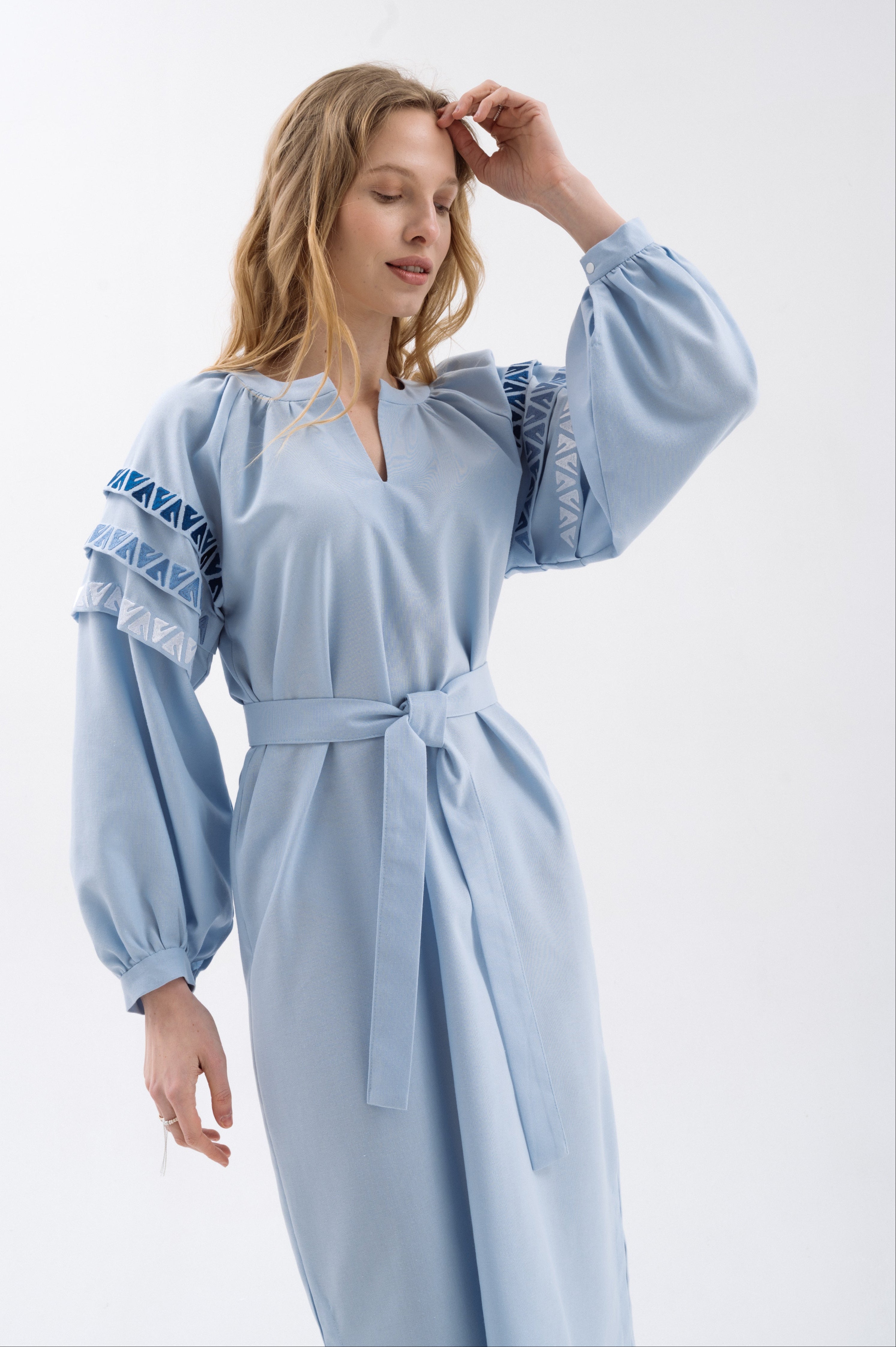 Midi Dress With Graphic Embroidery And Belt