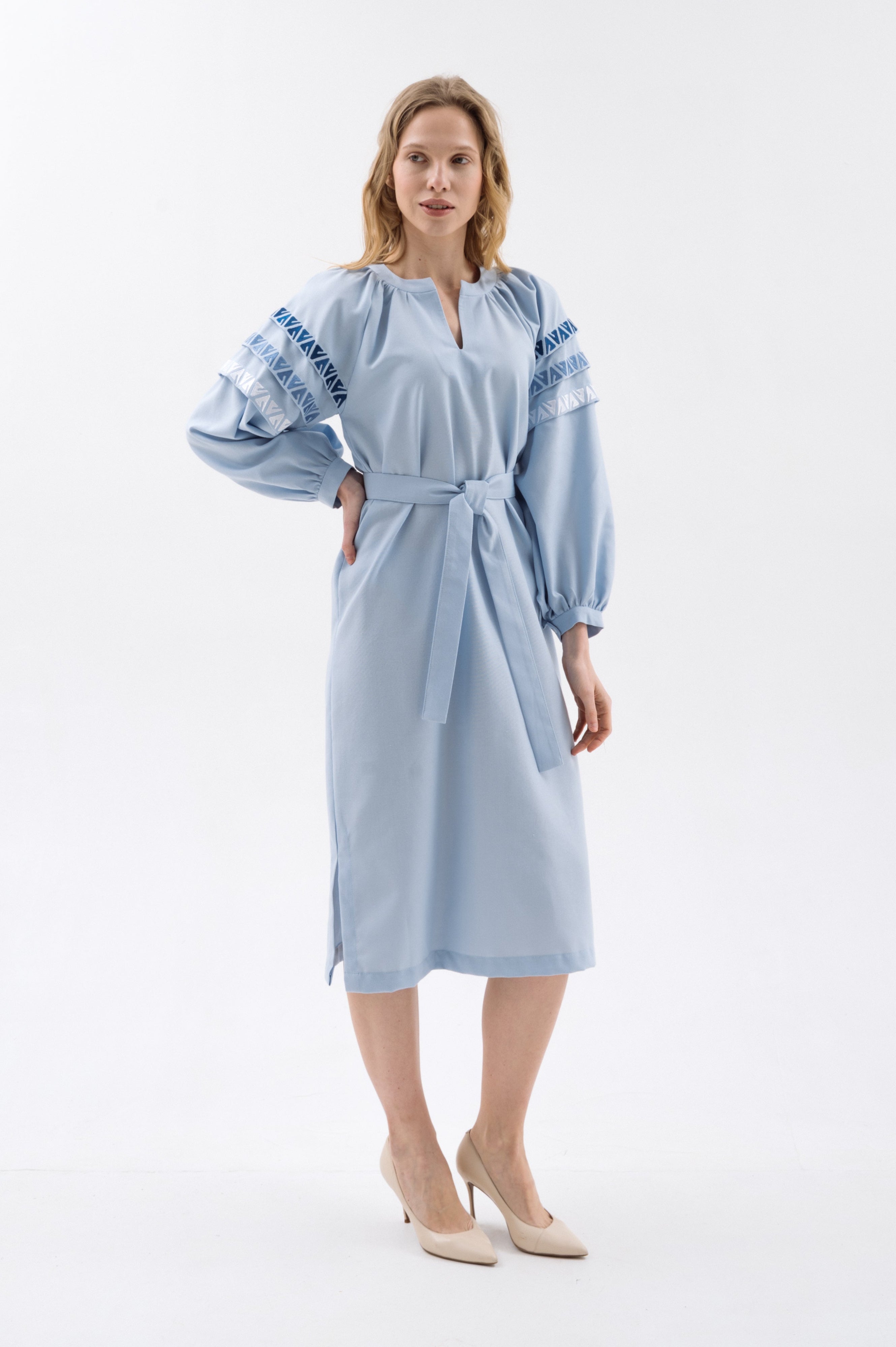 Midi Dress With Graphic Embroidery And Belt