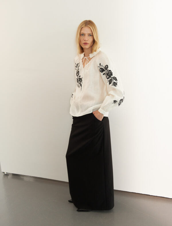 Linen Blouse With Black Designer Ornament "Rose" Ornament