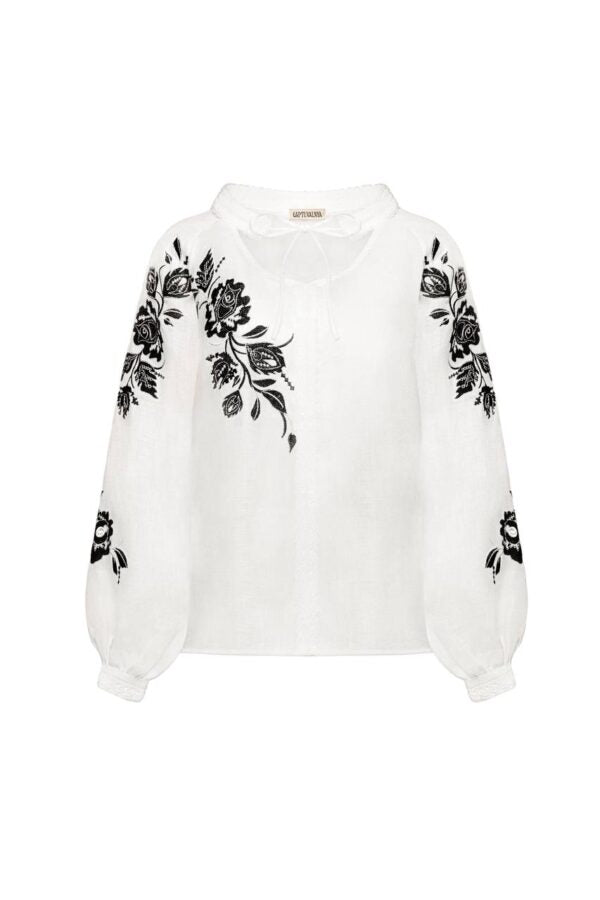 Linen Blouse With Black Designer Ornament "Rose" Ornament