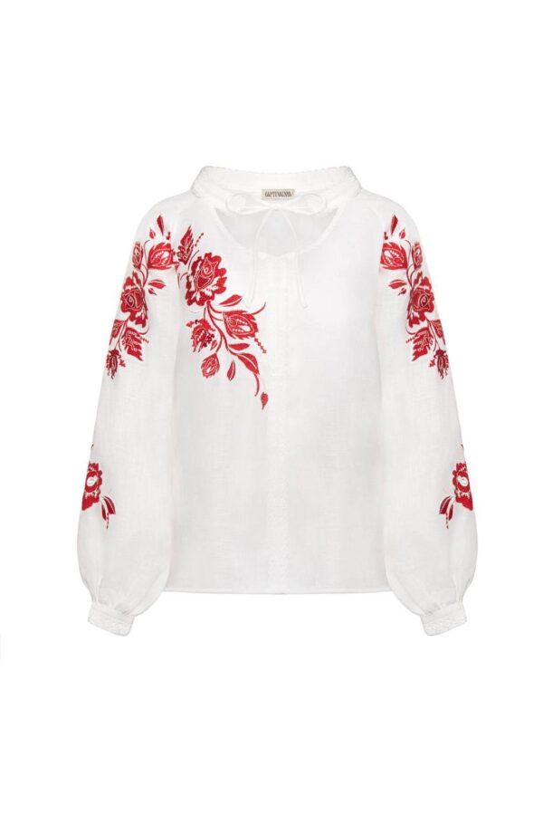 Linen Blouse With Red Designer Ornament "Rose" Ornament