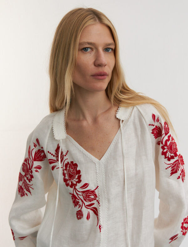 Linen Blouse With Red Designer Ornament "Rose" Ornament