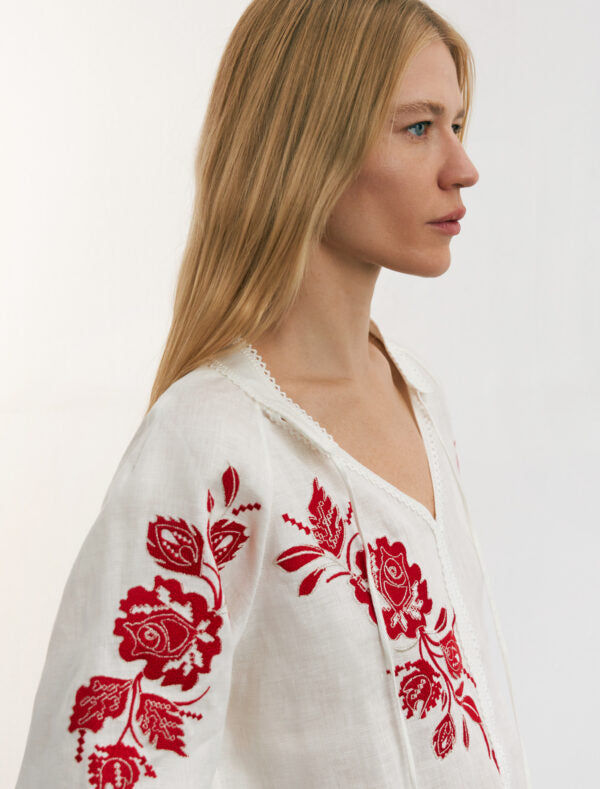 Linen Blouse With Red Designer Ornament "Rose" Ornament