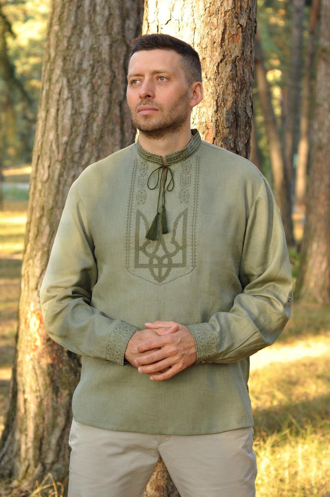 Men's Embroidered Shirt With The Ukrainian Coat Of Arms In Khaki Ornament