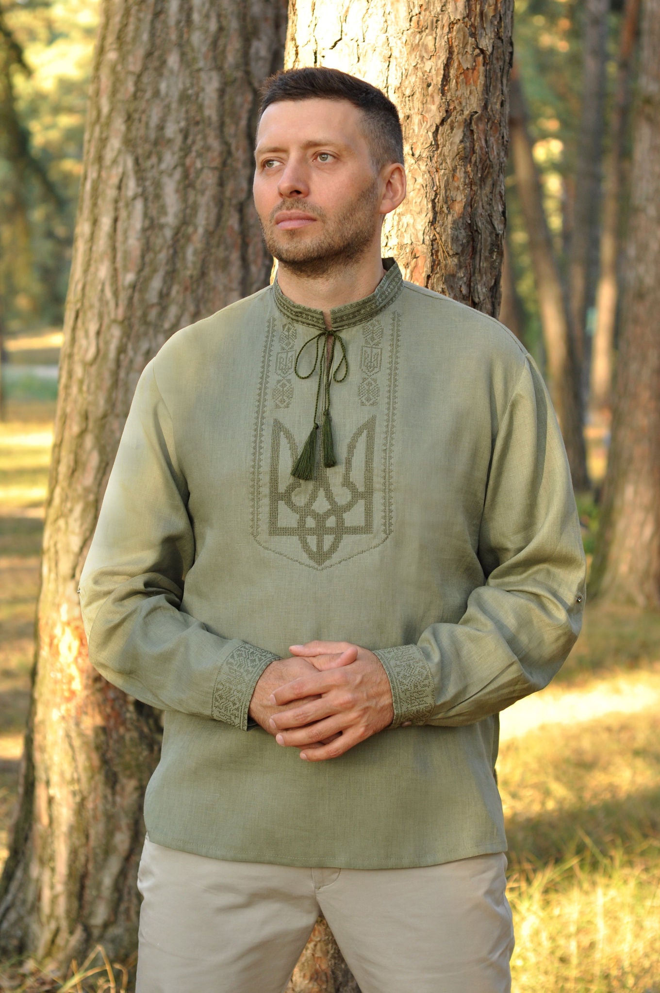 Men's Embroidered Shirt With The Ukrainian Coat Of Arms In Khaki Ornament