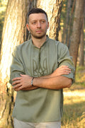 Men's Embroidered Shirt With The Ukrainian Coat Of Arms In Khaki Ornament