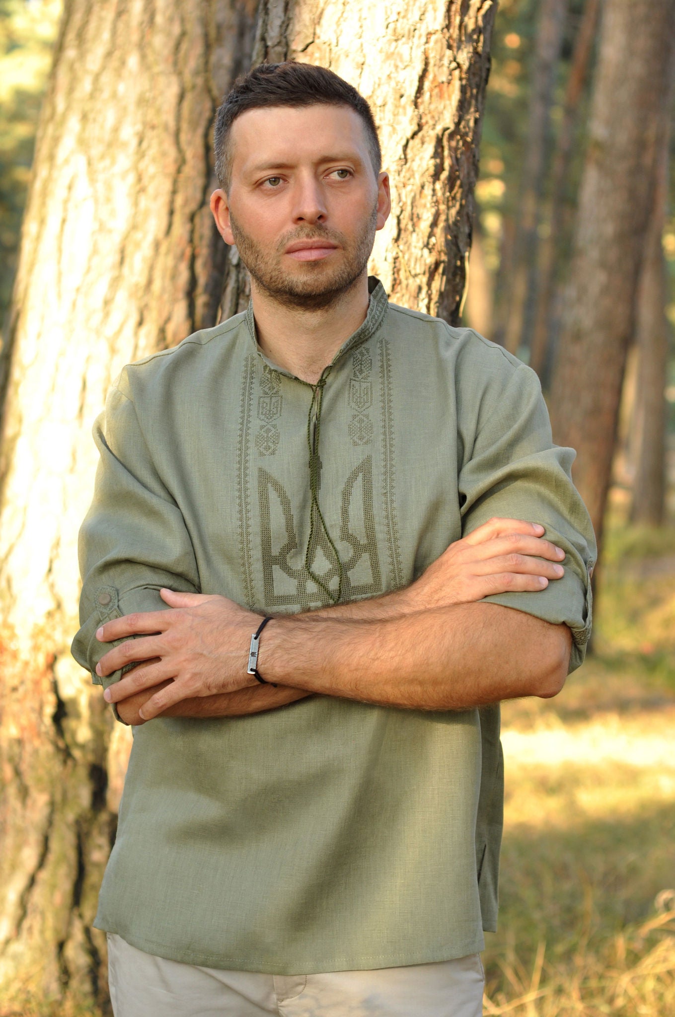 Men's Embroidered Shirt With The Ukrainian Coat Of Arms In Khaki Ornament