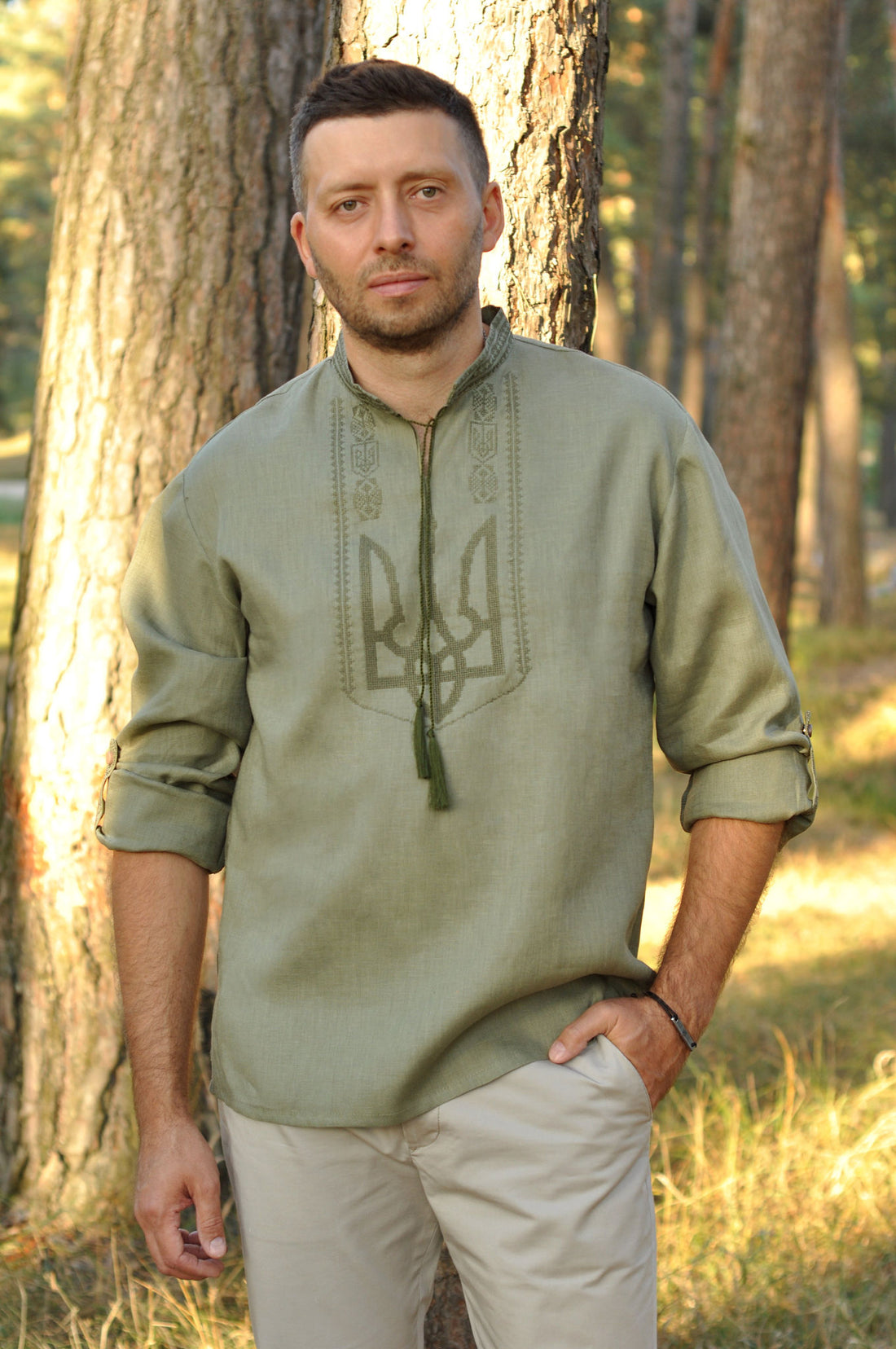 Men's Embroidered Shirt With The Ukrainian Coat Of Arms In Khaki Ornament