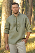 Men's Embroidered Shirt With The Ukrainian Coat Of Arms In Khaki Ornament