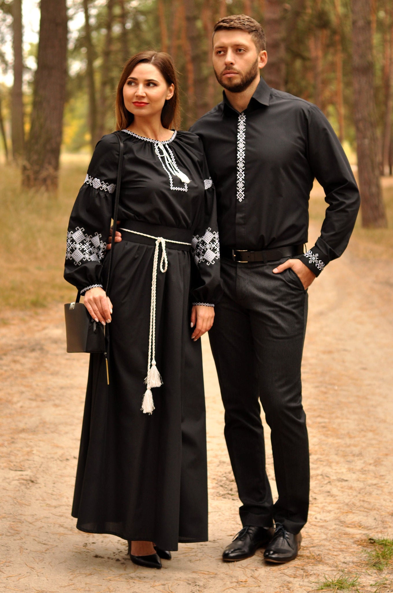 Men's Shirt and Women's Evening Dress in Ukrainian Style Ornament