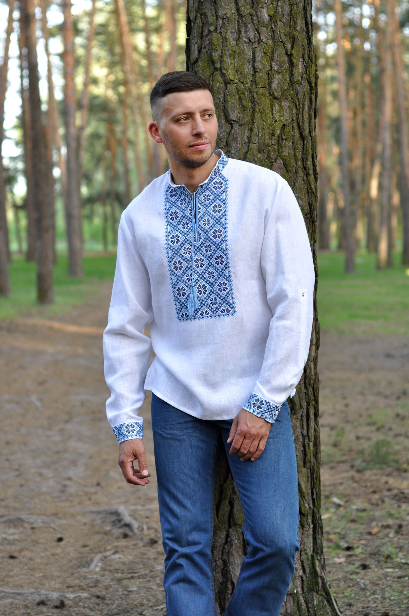 Modern Linen Shirt with Blue and Light Blue Embroidery Ornament