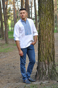 Modern Linen Shirt with Blue and Light Blue Embroidery Ornament