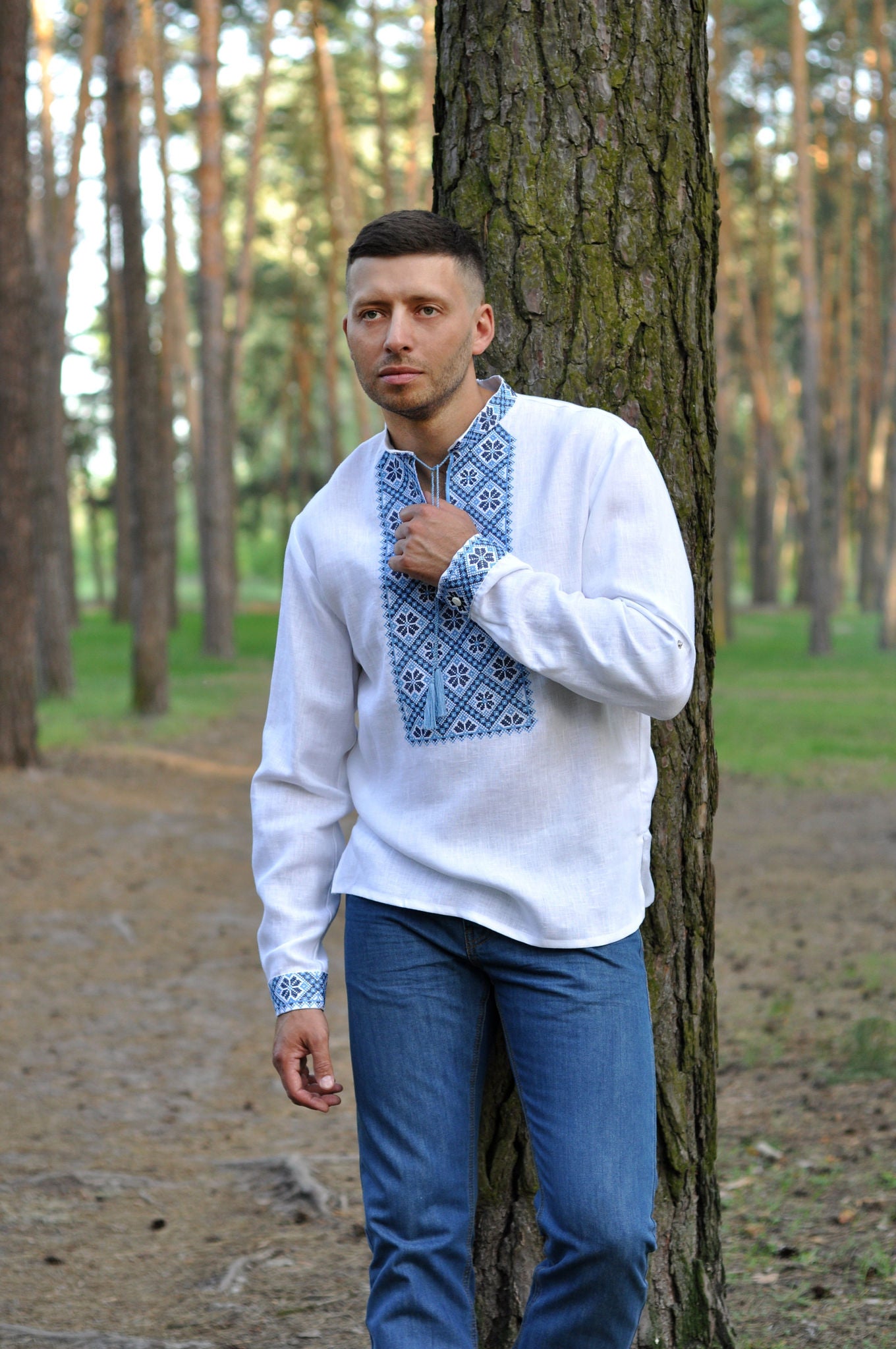 Modern Linen Shirt with Blue and Light Blue Embroidery Ornament