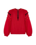 Red Blouse With Embroidery And Decorative Pleats On The Sleeves Ornament