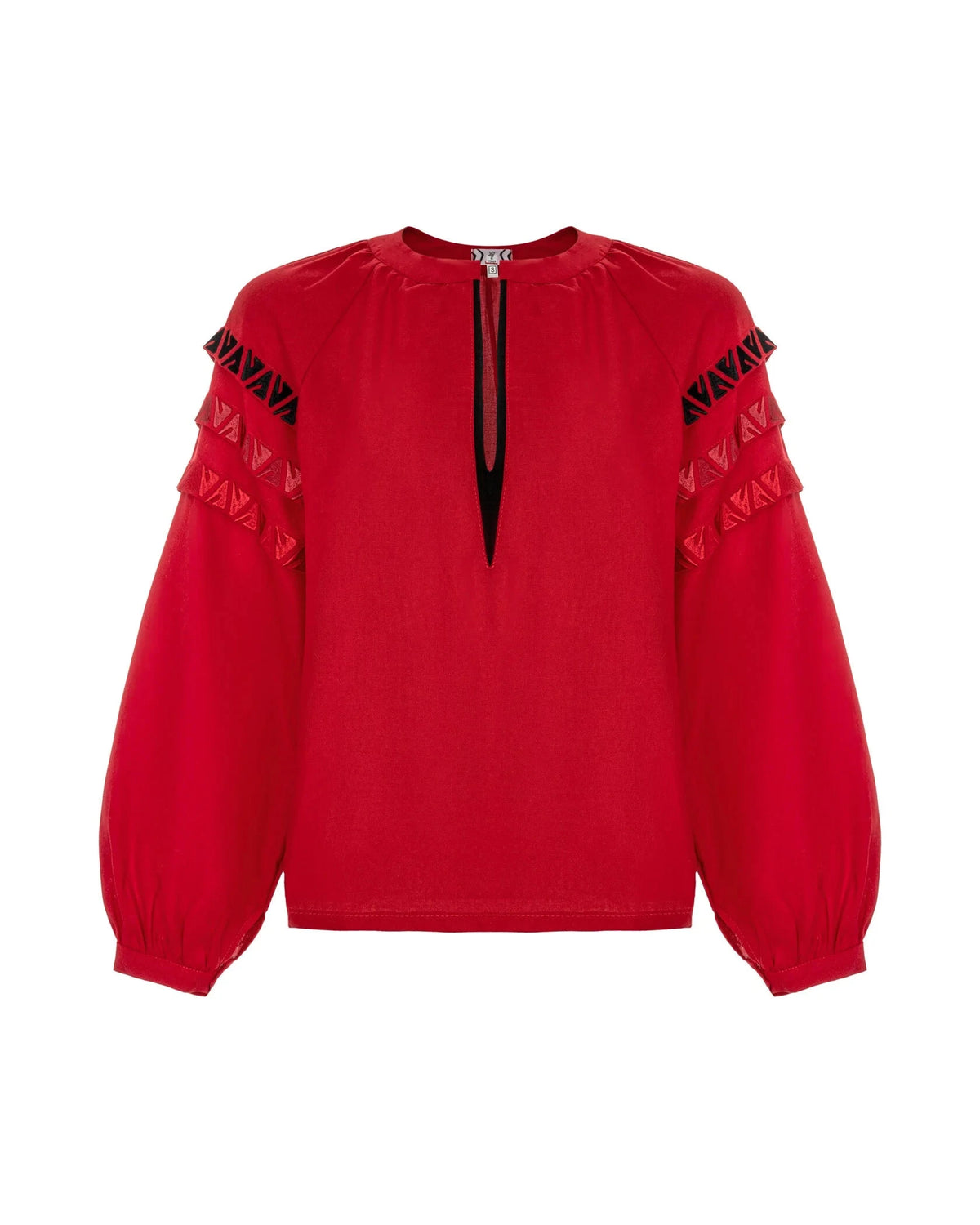 Red Blouse With Embroidery And Decorative Pleats On The Sleeves Ornament