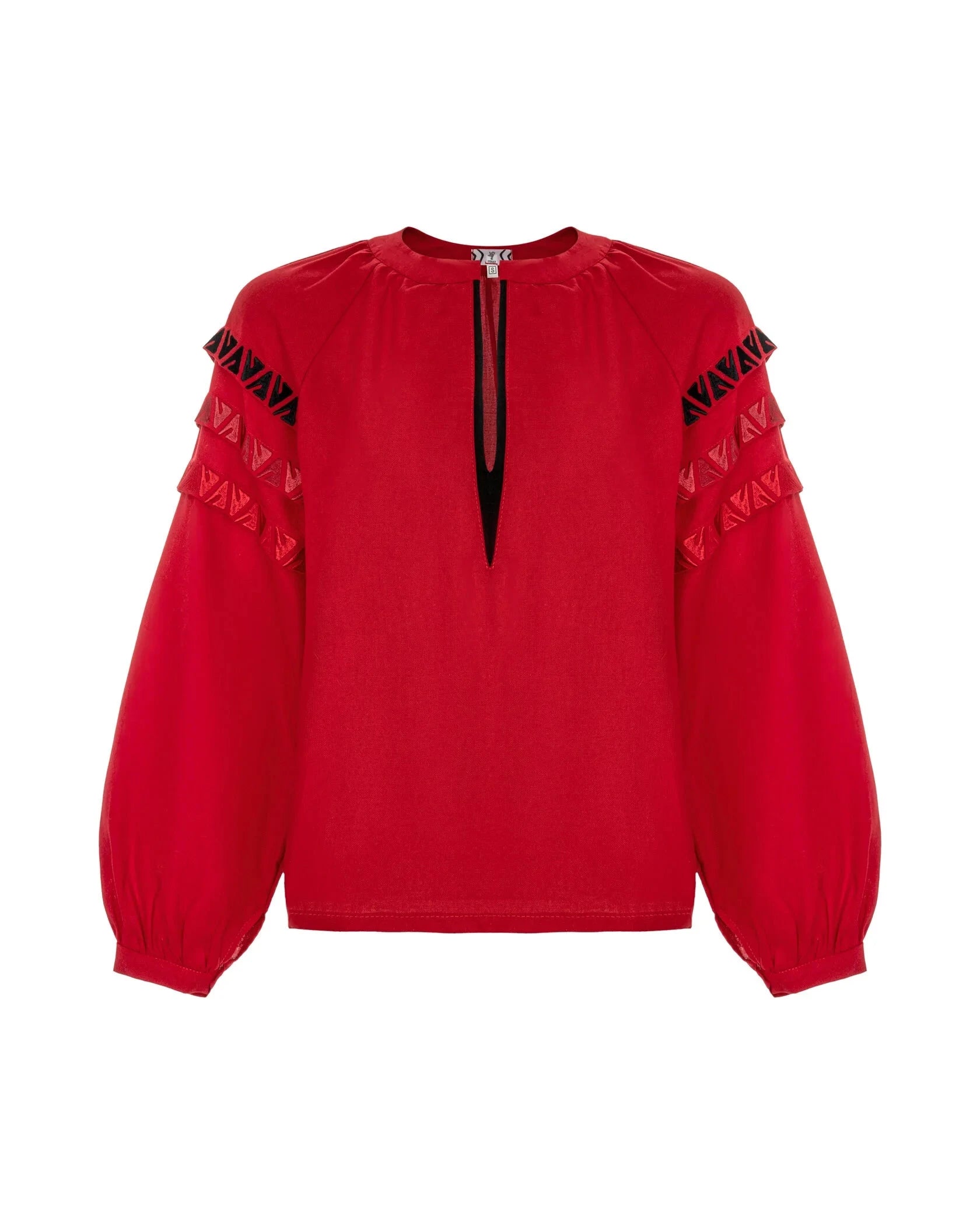 Red Blouse With Embroidery And Decorative Pleats On The Sleeves Ornament