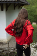 Red Blouse With Embroidery And Decorative Pleats On The Sleeves Ornament