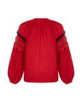 Red Blouse With Embroidery And Decorative Pleats On The Sleeves Ornament