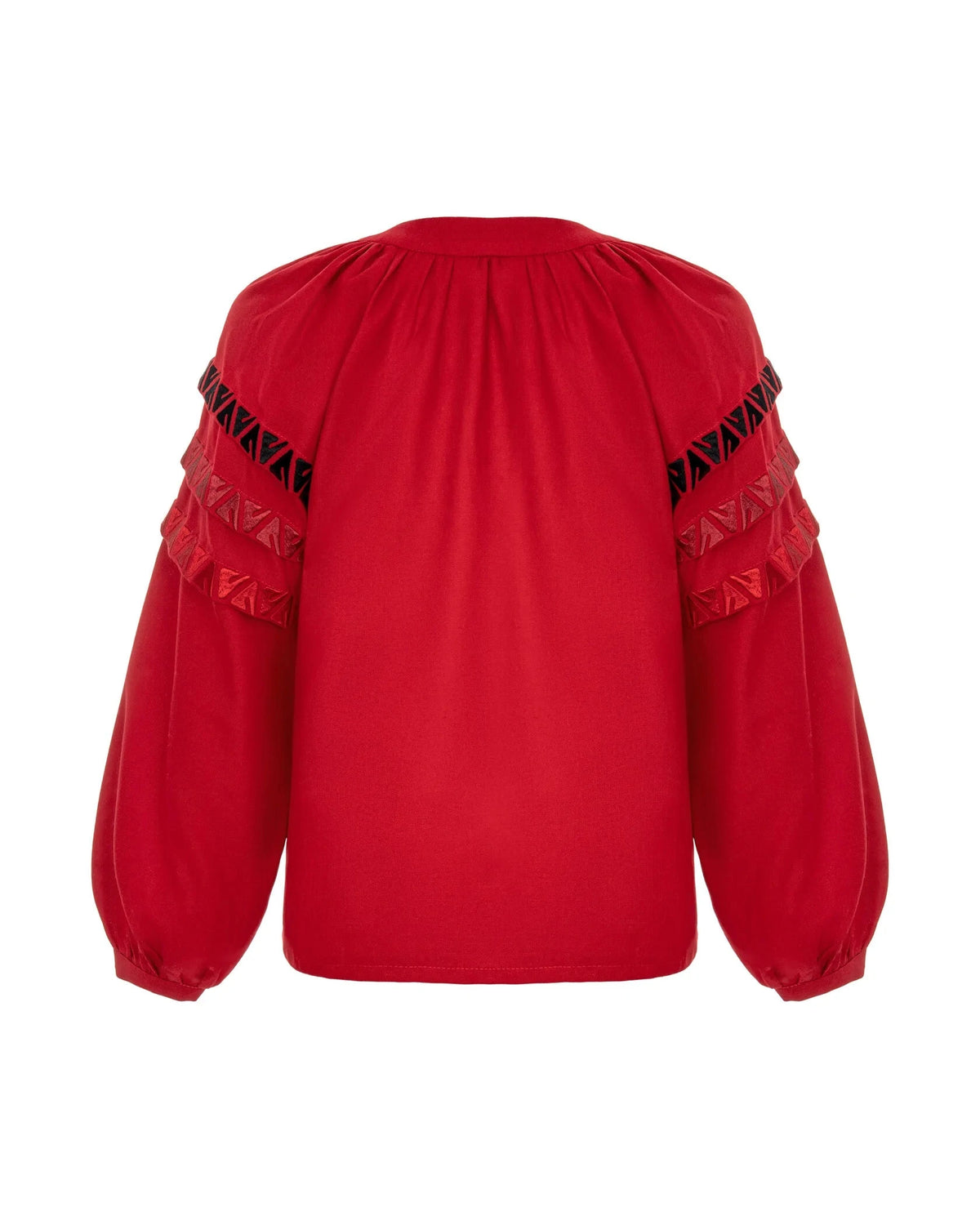 Red Blouse With Embroidery And Decorative Pleats On The Sleeves Ornament