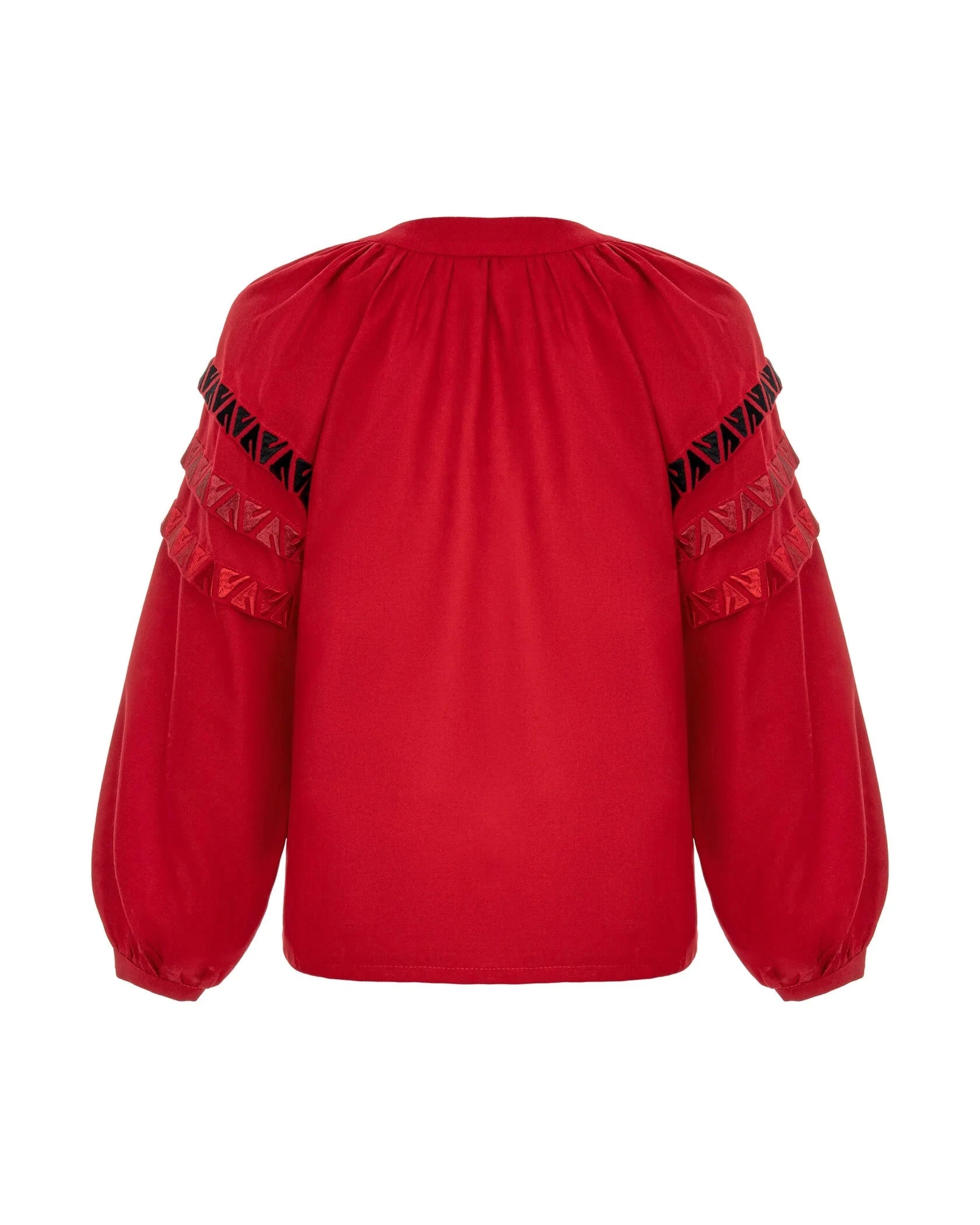 Red Blouse With Embroidery And Decorative Pleats On The Sleeves Ornament