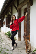 Red Blouse With Embroidery And Decorative Pleats On The Sleeves Ornament