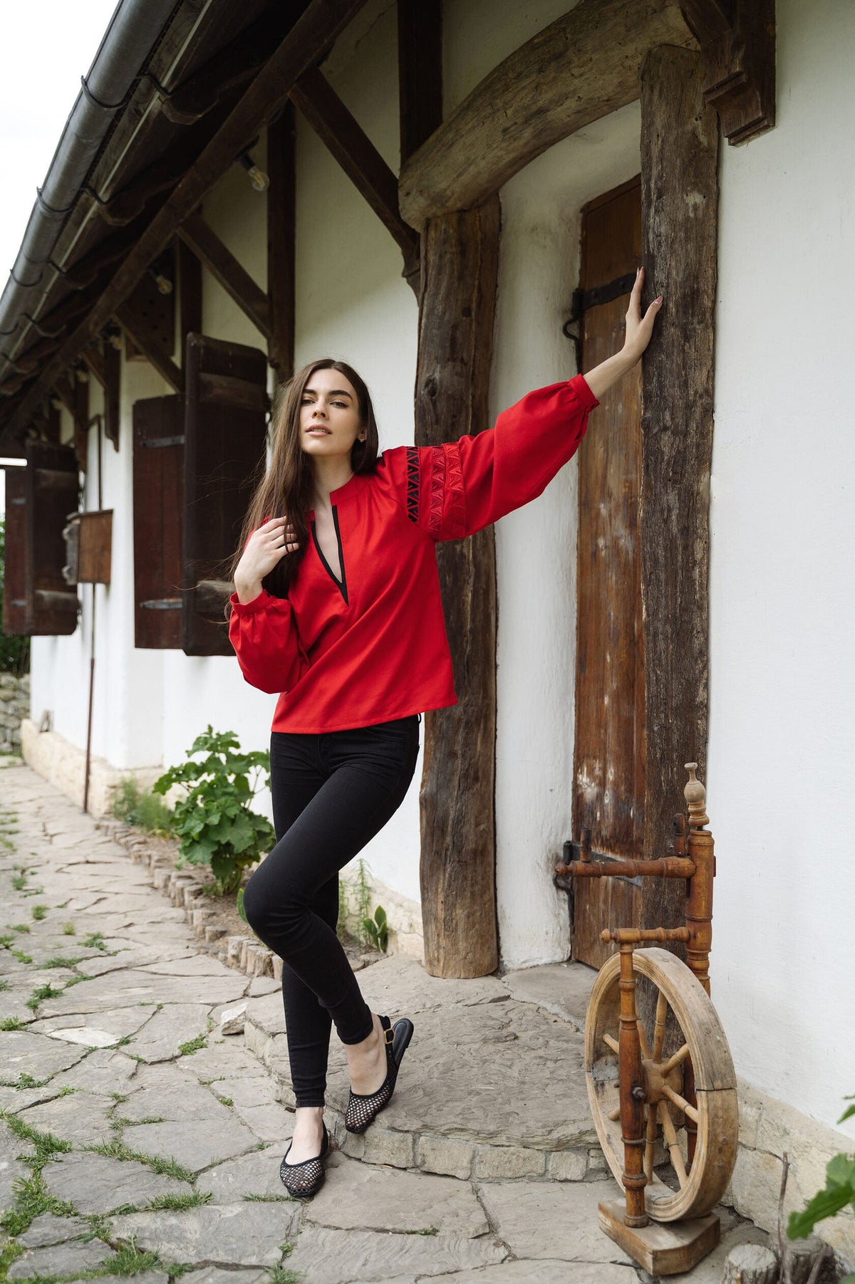 Red Blouse With Embroidery And Decorative Pleats On The Sleeves Ornament