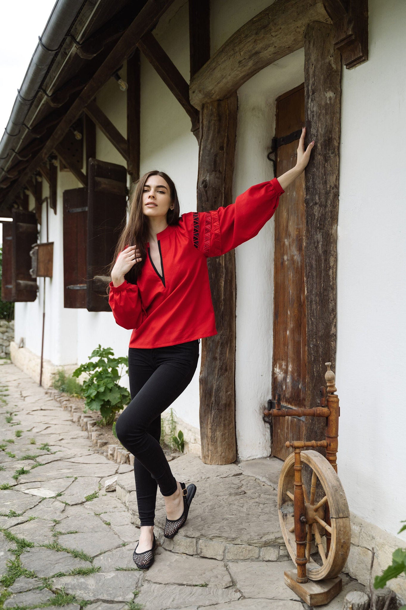 Red Blouse With Embroidery And Decorative Pleats On The Sleeves Ornament