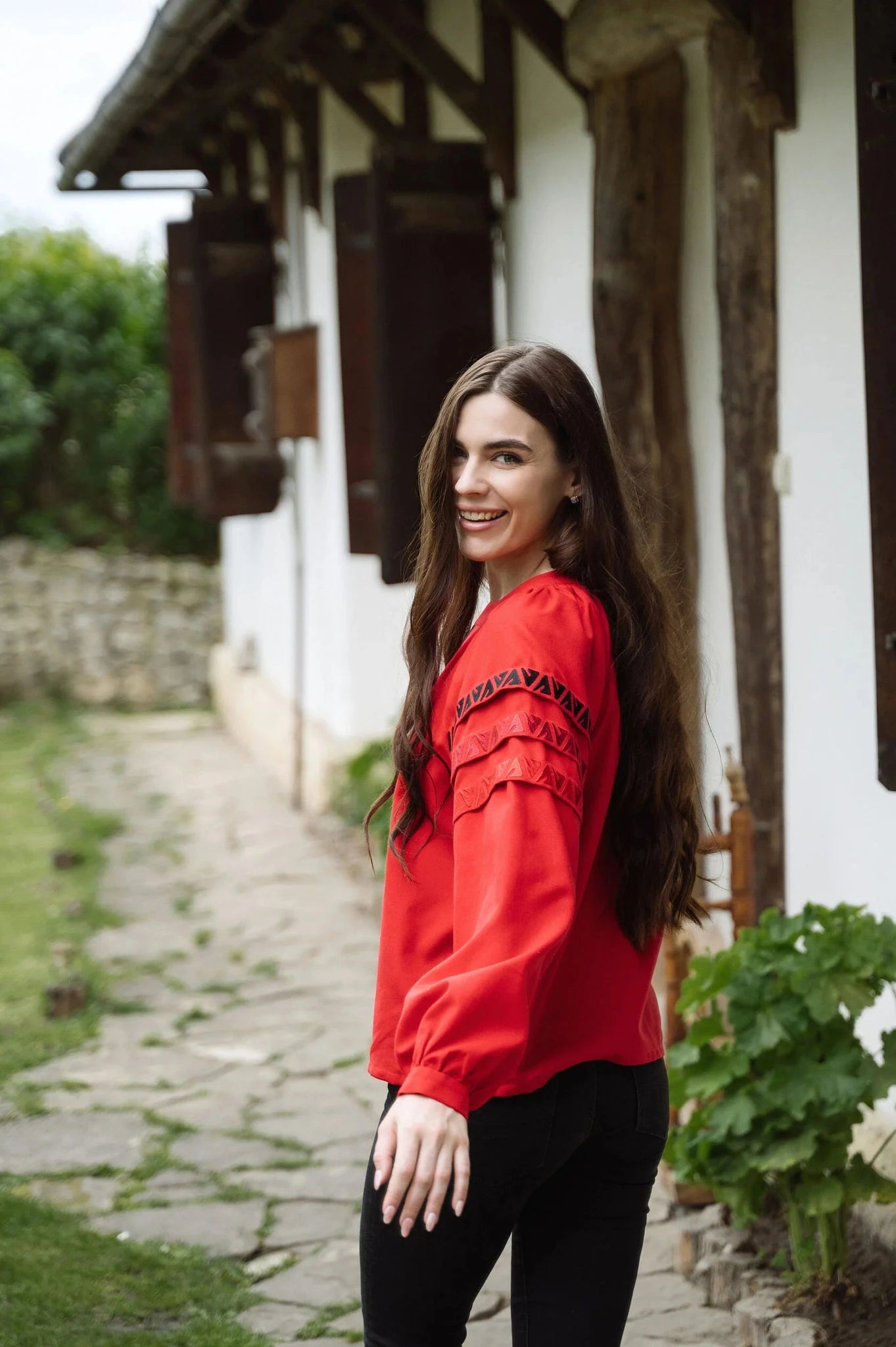 Red Blouse With Embroidery And Decorative Pleats On The Sleeves Ornament