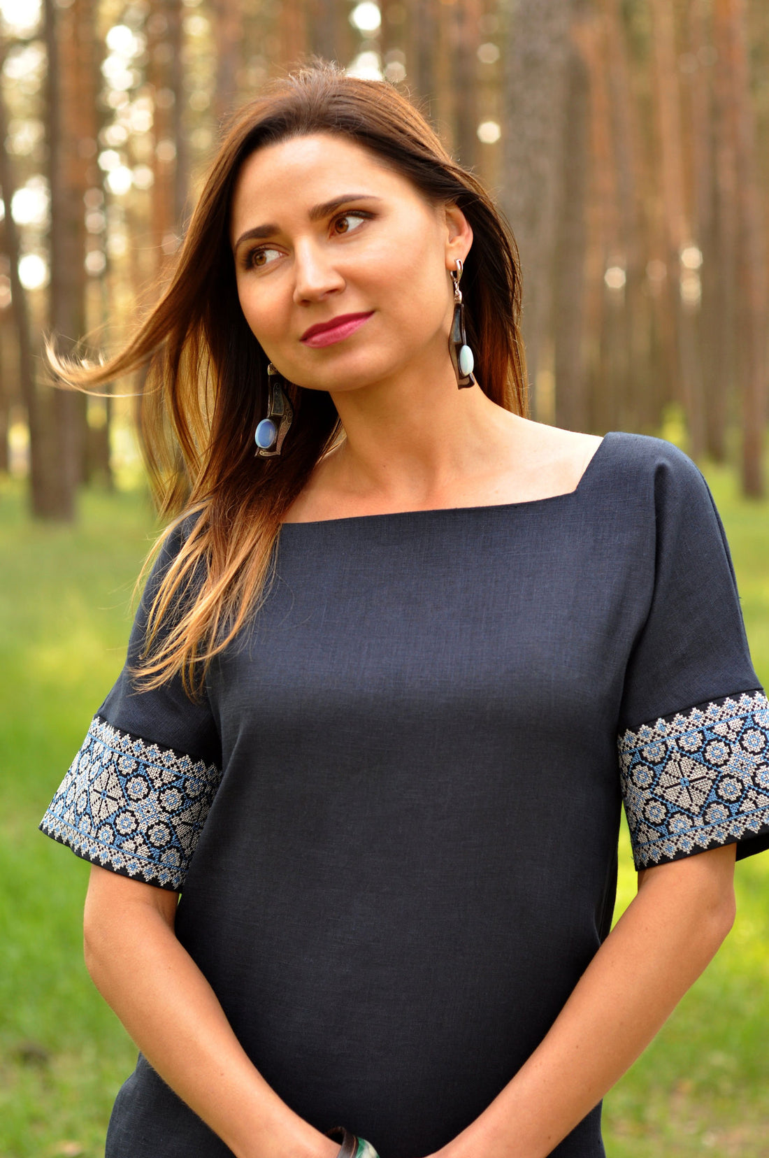 Straight Сut Embroidered Dress With Decorative Embroidery On The Sleeves Ornament