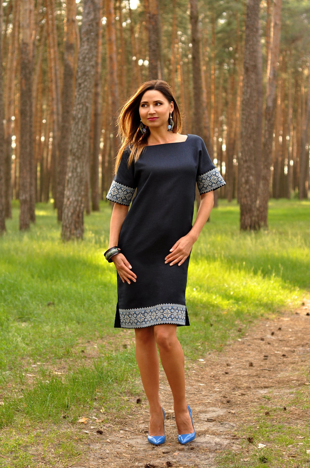 Straight Сut Embroidered Dress With Decorative Embroidery On The Sleeves Ornament