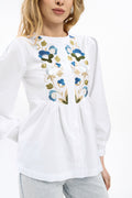 White Embroidered Shirt With An Ornament In Shades Of The Sky Ornament